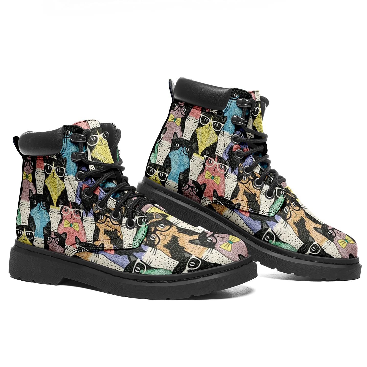 Классические ботинки с кошачьим принтом Ботильоны для женщин Кожаные женские модные армейские ботинки на шнуровке